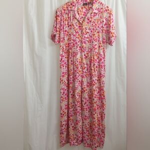 Erika Dress VTG Floral Pink & Red Button Down Tie Back Maxi Dress - Size: L